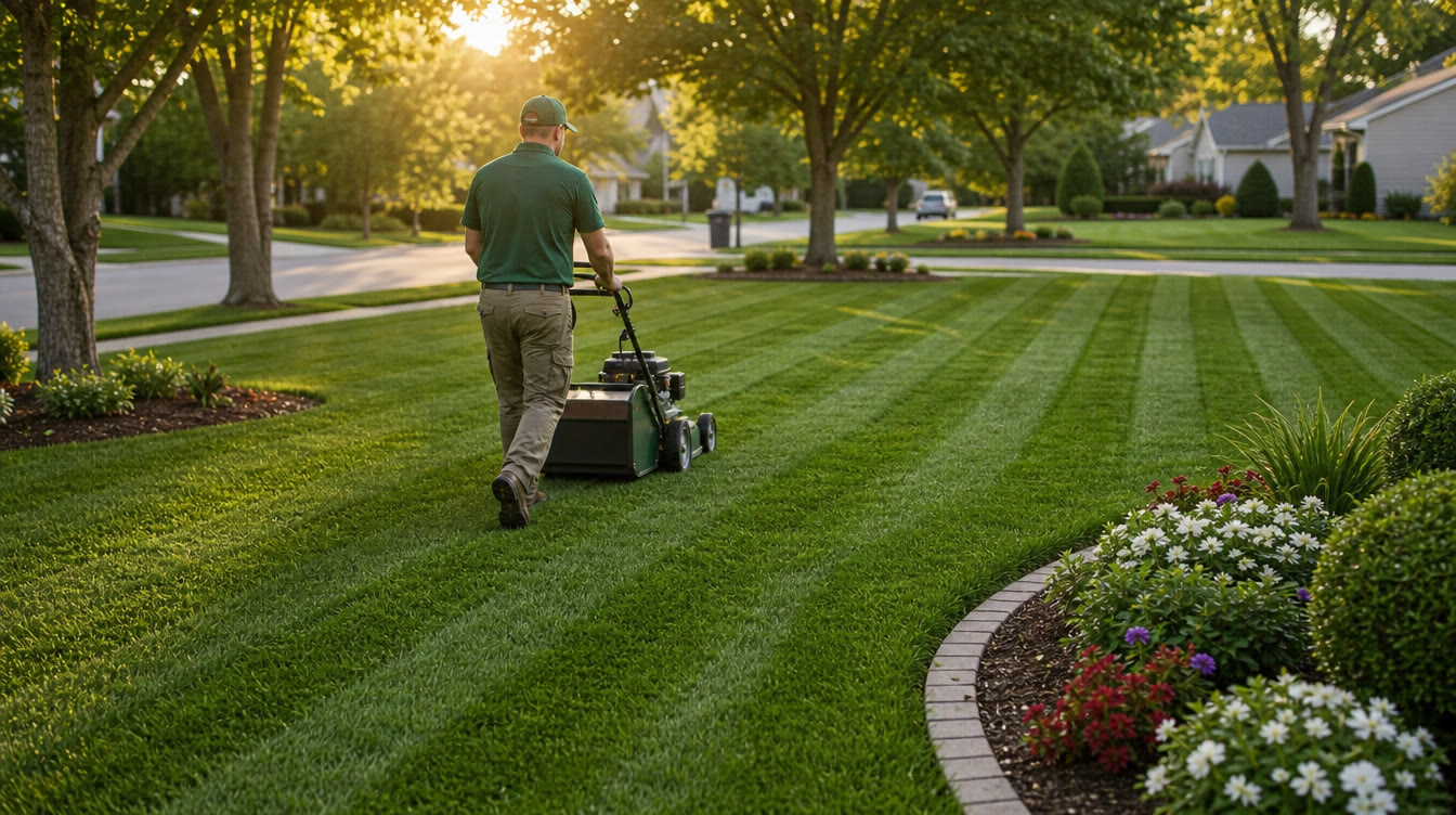 Freshly striped lawn being mowed by the Mowify crew
